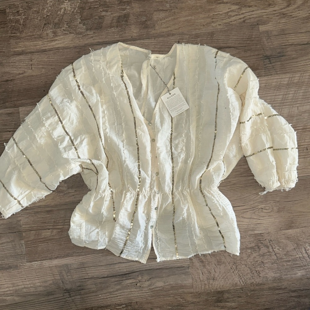 Ellison Cream Blouse with Gold Stripe Detail - Women Tops